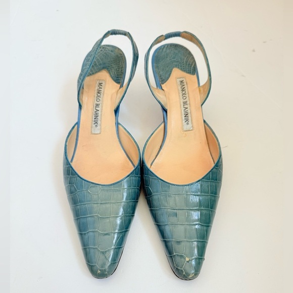 Manolo Blahnik Teal Blue Croc Embossed Leather Carolyne Slingback Heels EU 38.5 - Picture 3 of 10